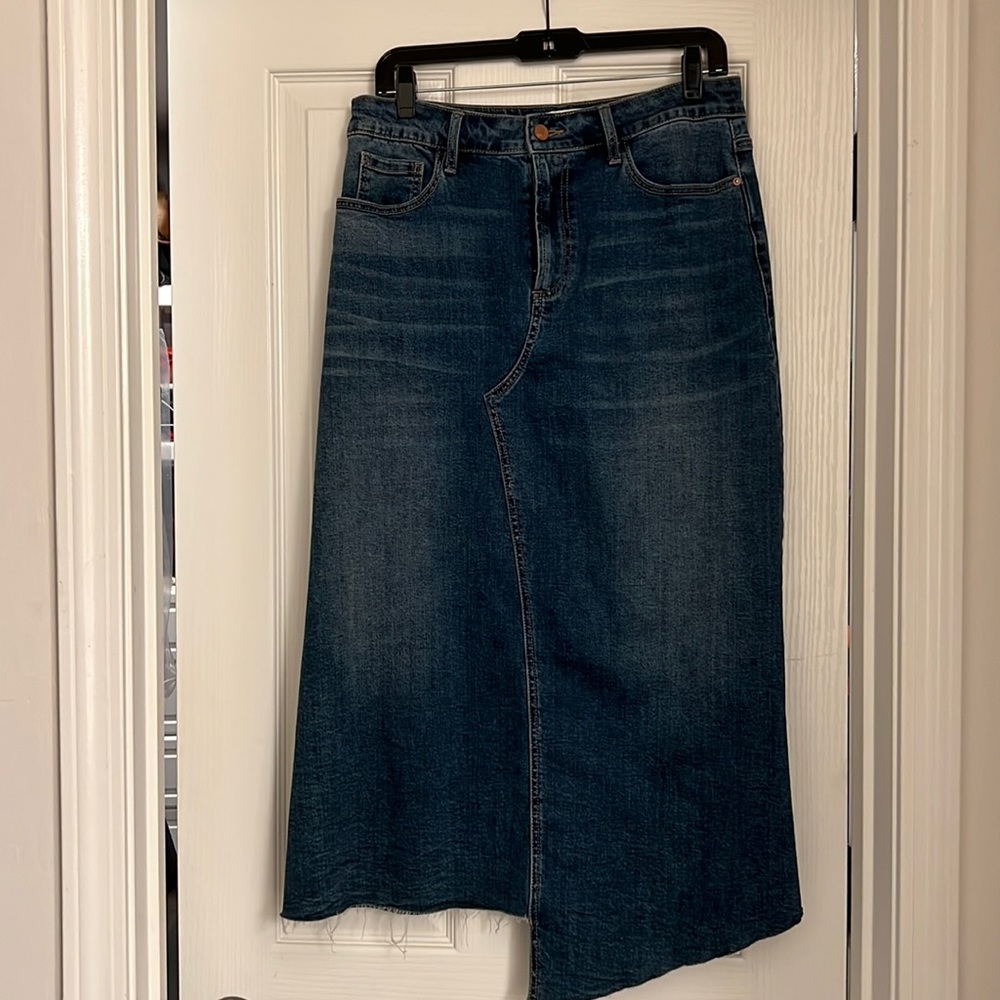 Denim skirt by Wash Lab. Mid length, jagged hem